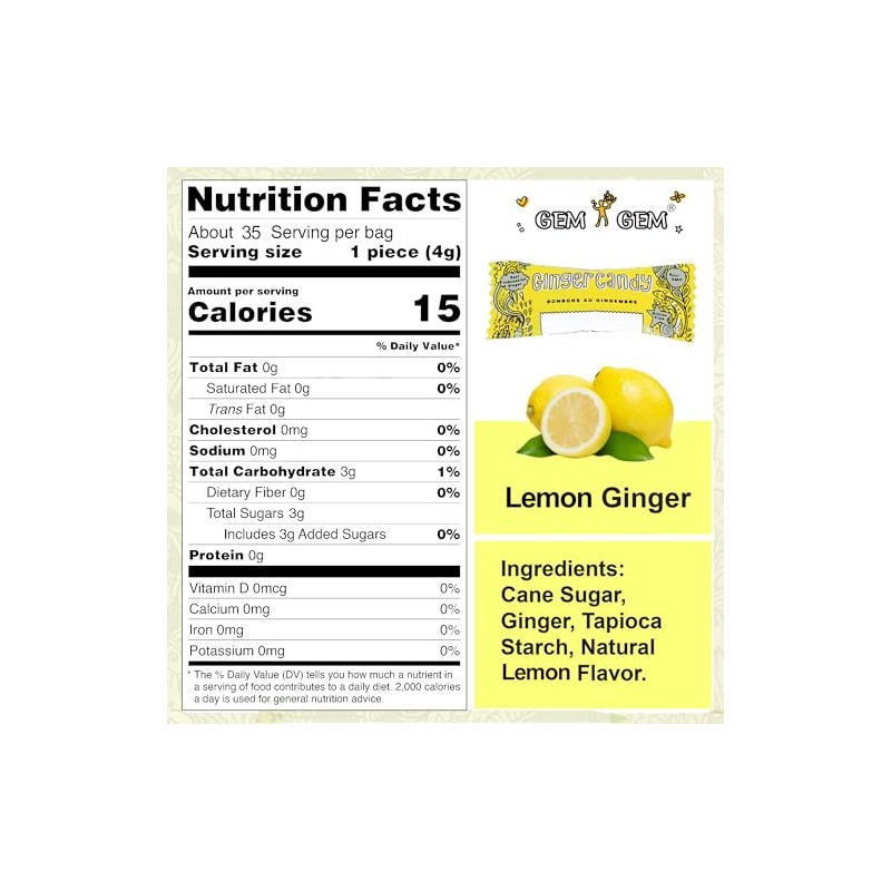 Gem Gem Ginger Candy Chewy Ginger Chews (Lemon, 5.0 oz,