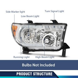PIT66 LED Headlights LH & RH Set Halogen Compatible with Toyota Tundra 2007-2013, Compatible with Toyota Sequoia 2008-2017 TO2503171, 811500C051 Clear Lens Chrome Housing Amber Reflector