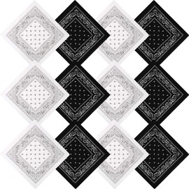 12 Pieces Paisley Bandanas Cowboy Bandanas Unisex Print Head Wrap Scarf Wristband (Black, White)