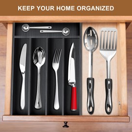 Small Kitchen Utensils Drawer Organizer Black Wooden Flatware Cutlery Tray Silverware Divider Organizer Narrow Wood Silverware Utensil Tray for Drawer Insert Cutlery Fork Spoon Holder for Drawer