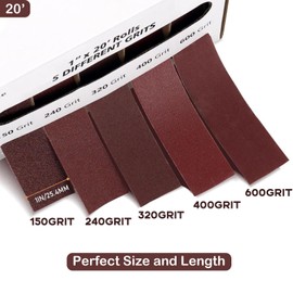 Emery Cloth Roll, 5 Grits 1'' x 19.7' Sand Paper Roll with Dispenser, 150 240 320 400 600 Grit Sandpaper Assortment, Wet Sanding Paper for Metal Automotive Furniture Wood Lathe Accessories (6M 5Rolls)