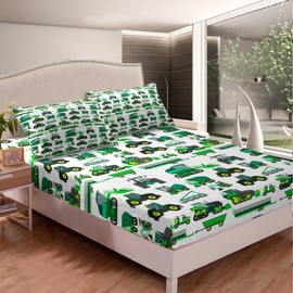 Feelyou Equipment Trucks Fitted Sheet Excavators Bedding Set for Kids Boys Girls Children Green Vehicle Bed Sheet Set Soft Construction Tractor Decor Bed Cover Twin Size