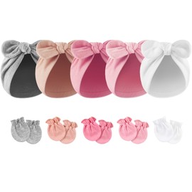 DRESHOW Newborn Baby Bow Knot Turban Hat Mittens Set Hospital Hat Beanie Infant Bow Hats Baby Cotton Gloves No Scratch Mittens for Boys Girls 0-12 Months