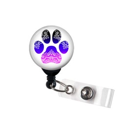 Dog Paw Mandala - Retractable Badge Reel with Swivel Clip and Extra-Long 34 inch Cord - Badge Holder/Animal Lover/Dog Lover/Veterinarian/Vet Tech/RVT