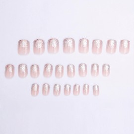 MISUD Press on Nails Short Square Fake Nails Glossy Glue on Nails Bling Glitter Acrylic Nails Squoval Artificial Nails Sparkly Stick on False Nails with Design 24 pcs