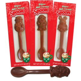 Belgian Milk Chocolate Hot Cocoa Stirring Spoons Assorted Holiday Characters, Christmas Stocking Stuffers for Kids, Pack of 3
