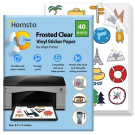 Vinyl Sticker Paper, Frosty Clear Printable Sticker Paper for Inkjet Printer, Quick Drying, Water Resistant, Scratch Resistant, Sticks to Most Surfaces, 8.5 x 11 Inches, 40 Sheets
