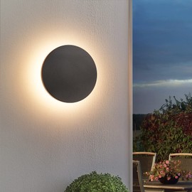 JSXing Aplique de pared LED Eclipse, Lámpara de Pared para Exterior y Interior, lampara de pared moderno negro. Impermeable IP65. Blanco cálido/Blanco. CA 12 W cableado. Aluminio duradero(Luz calida)