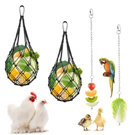 Chicken Vegetable Skewer Vegetable Hanging Feeder Toy Chicken Fruit Feeder Chicken Vegetable String Bag Poultry Fruit Holder Chicken Cabbage Feeder (2 Skewers + 2 Black Bags)