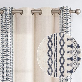 jinchan Boho Curtains for Bedroom Linen Window Curtains Embroidered Bordered Drapes for Living Room 63 Inch Length 2 Panels Bohemian Light Filtering Grommet Window Treatment Blue on Beige