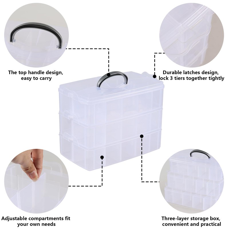 Saedy 3-Tier Plastic Craft Storage Box with Adjustable Compartments, Stackable