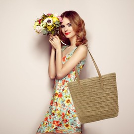 MAMUNU Straw Beach Bag For Women, Straw Shoulder Bag Handbag Summer Beach Bag, Boho Casual Woven Bag Tote Bag with Zipper Handle for Beach Travel Holiday Outdoor Work Shopping