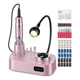 Babeefly M304 Pulidor Drill Esmeril Para Uñas Profesional 35000 RPM Con Regulador De Luz Velocidad Ajustable Dirección Cuadrada Con Base Rosa Manicura Esmeril Para Drill Uñas Profesional Pulidor drill
