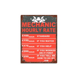Mechanic Hourly Rate Funny Garage Sign Theme Retro style metal tin sign/plaque (10" x 8")