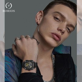 rorios Wristwatches for men, mechanical automatic watch, minimalist skeleton watch, leisure watch for men, Black (black B), Strap.