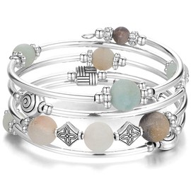 Beaded Pearl Bangle Wrap Bracelet - Fashion Bohemian Jewelry Multilayer Charm Bracelet with Thick Silver Metal Beads, Gift For Women(Green)