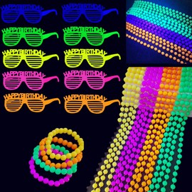 KARLOR Pack of 18 UV Party Decoration, 10 Fluorescent Glasses + 4 Neon Bracelets + 4 Luminous Necklaces, Black Light Party Accessories, Party Glasses, Glow Party Accessories, UV Party Outfit, Glow In