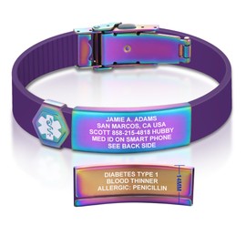 Divoti Custom Dual-Sided Engraved Silicone Medical Alert ID Wristband w/Security Clasp & Trim-to-Fit Romantic Purple Silicone Band w/Security Clasp - 14MM PVD Rainbow/White