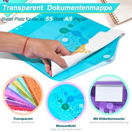 Document Folder A4 for Filing, Pack of 28 Document Pockets A4 with 11 Hole Edge, Velcro Closure and Label Pocket, Waterproof Collector's Folders, Transparent Pocket for A4 Documents (7 Colours)