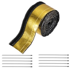 MECCANIXITY Heat Shroud Sleeve Aluminized Gold Sleeving 12mm 1/2 Inch ID x 300cm 10FT Heat Cable Sleeving for Hose Wire Heat Protection with Hook&Loop,10PCS Stainless Steel Ties