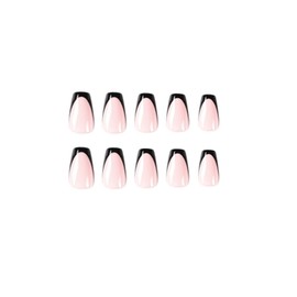 JUSTOTRY 24 Pcs Black French Press on Nails Medium Designs,Pink False Nails Coffin with Nail Glue,Pretty Stick on Nails for Women and Teens,Glossy Ballarina Fake Nails Long for Girls Nails Art