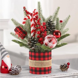 Small Christmas Tree for Tabletop, 11.8in Artificial Mini Christmas Tree Decorations with Red Berry Pine Cone Pine Picks, Christmas Ornaments Indoor Home Xmas Holiday Decor (Red Black Buffalo Plaid)