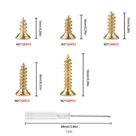 Roosea 1000 Pcs M2 Small Hinge Wood Screws 5/6/7/8/10 mm Tiny Flat Head Cross Small Brass Screws with Screwdriver for DIY Hinge Dollhouse Drawer Accessories(Golden)
