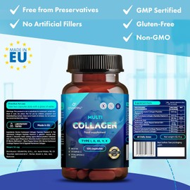 CEVAVITAL Multi Collagen Capsules for Women Men, Type I, II, III, V & X Hydrolyzed Collagen Peptides with Vitamin C and Hyaluronic Acid, Bovine and Marine Collagen Supplement, 120 Capsules