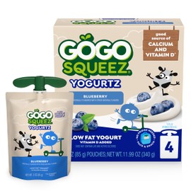 GoGo squeeZ yogurtZ Blueberry, 3 oz (Pack of 4), Kids Snacks Made from Real Yogurt and Fruit, Pantry Friendly, No Fridge Needed, Gluten Free and Nut Free, BPA Free Pouches (Packaging May Vary)