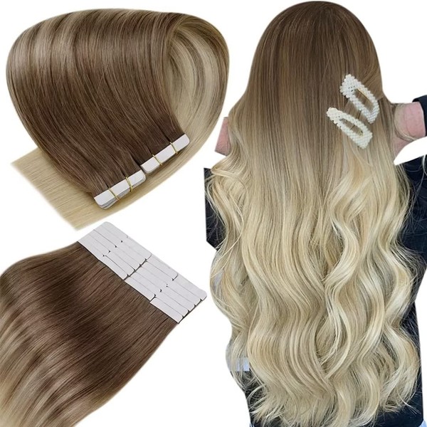Easyouth Tape Extensions Real Hair Balayage Tape Extensions Real Hair 22 Inches 50 g Colour Ash Brown Mix Platinum Blonde Double Sides Tape-in Extension Real Hair