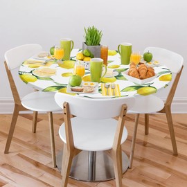 Fruit Lemon Leaf Round Table Cover with Elastic Edge,lemon Fitted Tablecloth Waterproof Wipeable Round Table Cover for Kitchen Dining Party Holiday Fits Outdoor Round Plastic Table Cloth 45-50 In