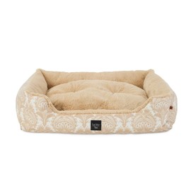 Nicole Miller New York PET Mod Damask Plushy Bolster Pet Bed, Cozy & Calming, Non-Slip Bottom, Machine Washable Cover, Taupe, Small 24"x19"x7"