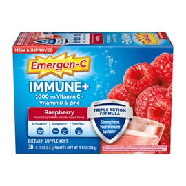 Emergen-C Immune+ Triple Action Immune Support Powder, BetaVia (R), 1000mg Vitamin C, B Vitamins, Vitamin D and Antioxidants, Raspberry – 30 Count