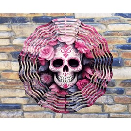 10 Inch Pink Sugar Skull Roses Flowers Wind Spinner Yard Decor Aluminum Sublimated Garden Art Indoor Outdoor 3D Kinetic rws-144