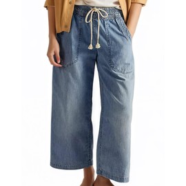 1901 SOCIETY People Free Dupes, People Free Pants, Womens Wide Leg Jeans Mid Rise Drawstring Ankle Baggy Casual Elastic Denim Pants Fashion Boyfriend Jeans