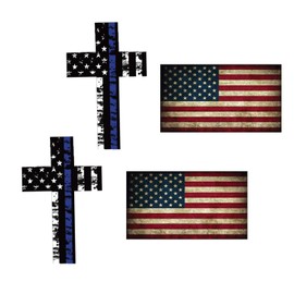 (2+2) Vintage American Flag Vinyl Decal Sticker & Thin Blue line Distressed American Flag Police Christian Cross Reflective Decal Vinyl Sticker USA Old Glory Car Window Bumper