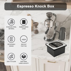 YURICK Espresso Knock Box, Coffee Knock Box for Espresso Grounds Disposal, Large Capacity, Equipped with Noise, Reduction Rubber Ring & Steel Holder, Ideal Tool for Espresso Machines, Black (Small)