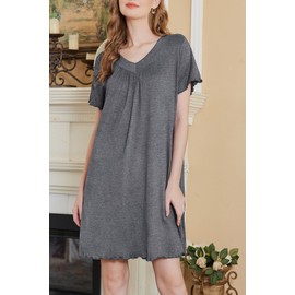 Ekouaer Women's House Dress with Pockets Moo Moo Nightgown V Neck Sleepwear Pleated Floral Print Mumu Dress,Mid Grey,XL