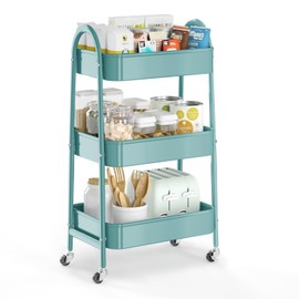EAGMAK 3 Tier Utility Rolling Cart, Metal Storage Cart with Handle and Lockable Wheels, Multifunctional Storage Organizer Trolley with Mesh Baskets for Kitchen, Living Room, Office, Garage (Green)