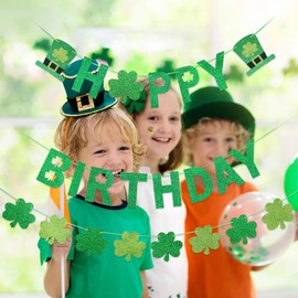 St. Patrick's Day Birthday Party Decorations- Green Glitter Happy Birthday Banner and Shamrock Garland, Shamrock Decorations,St. Patrick’s Day Birthday Banner,Lucky One 1st Birthday Party Decorations