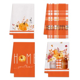 Mocsicka Fall Pumpkin Kitchen Towels Dish Towels, 18x26 Inch Orange Autumn Leaves Dishcloth Thanksgiving Decoration Home Kitchen Decor Home Sweet Home Hand Towels Set of 4 (Pumpkin)