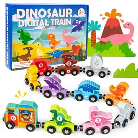 Dinosaur Wooden Train Magnetic Set, Commodum 10 Pack Wooden Train Montessori Magnetic Train Set, Montessori Educational Learning Toy, Toddler Toy, Gifts for Children 3+
