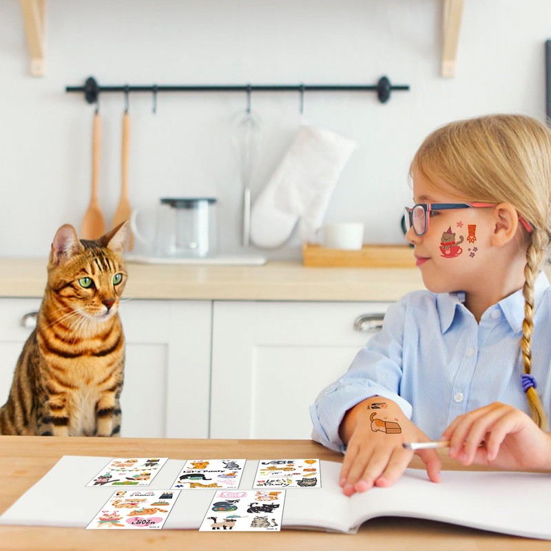 Qpout Cat Temporary Tattoos for Kids,10 Sheets Cute Cat Birthday