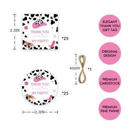50pcs Cowgirl Thank You Tags, Little Cowgirl Gift Tag with String for Western Birthday Party, Cowgirl Round Thank You Paper Tags for Girl Birthday/Gender Reveal Party Favors