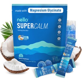 Nello Supercalm Powdered Drink Mix, Blue Coconut, L Theanine, Ksm-66 Ashwagandha, Magnesium Glycinate, Vitamin D 3, Supplements for Relaxation & Focus, No Sugar, Non GMO, On The Go, 20 Srvgs