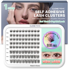 CLIONE PRIME Korean Self Adhesive Lash Clusters Press-On Eyelashes No Glue Needed DIY Lash Extensions Reusable Cluster Lashes Fuss Free No Sticky Residue Self Application at Home 10-16mm