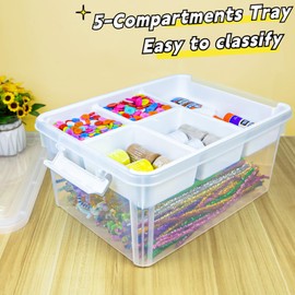 Creahaus 17 Quart Organizers and Storage Box with Removable Tray, Durable Plastic Containers with Lid, Stackable Art & Craft Box for Organizing Toy, Playdoh, Bead (Clear/White latch)