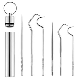 6Pcs Portable Reusable Stainless Steel Toothpicks Metal Tooth Scraper Dental Picks Hooks Cleaning Kit with Toothpicks Holder