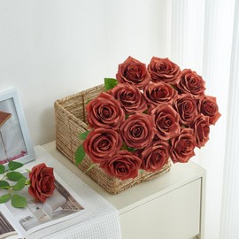 IUKnot 50pcs Burnt Orange Roses Artificial Flowers Bulk,Fake Roses Silk Flower with Stems Realistic Flowers for Wedding Centerpiece Home Party Decor