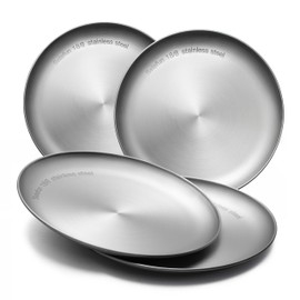 Selafun Stainless Steel Plates Metal 18/8 Round Dinner Plates - Set of 4 - Food-Grade Dishwasher Safe 9inch Salad Plates for Camping Kids Dining Outdoor (Silver)
